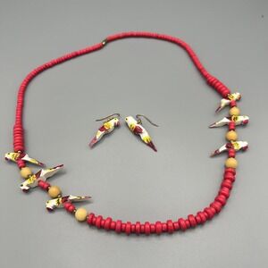 Vintage 1970s Hand-Painted Wood Bird Necklace & Earrings Boho Folk Art Set